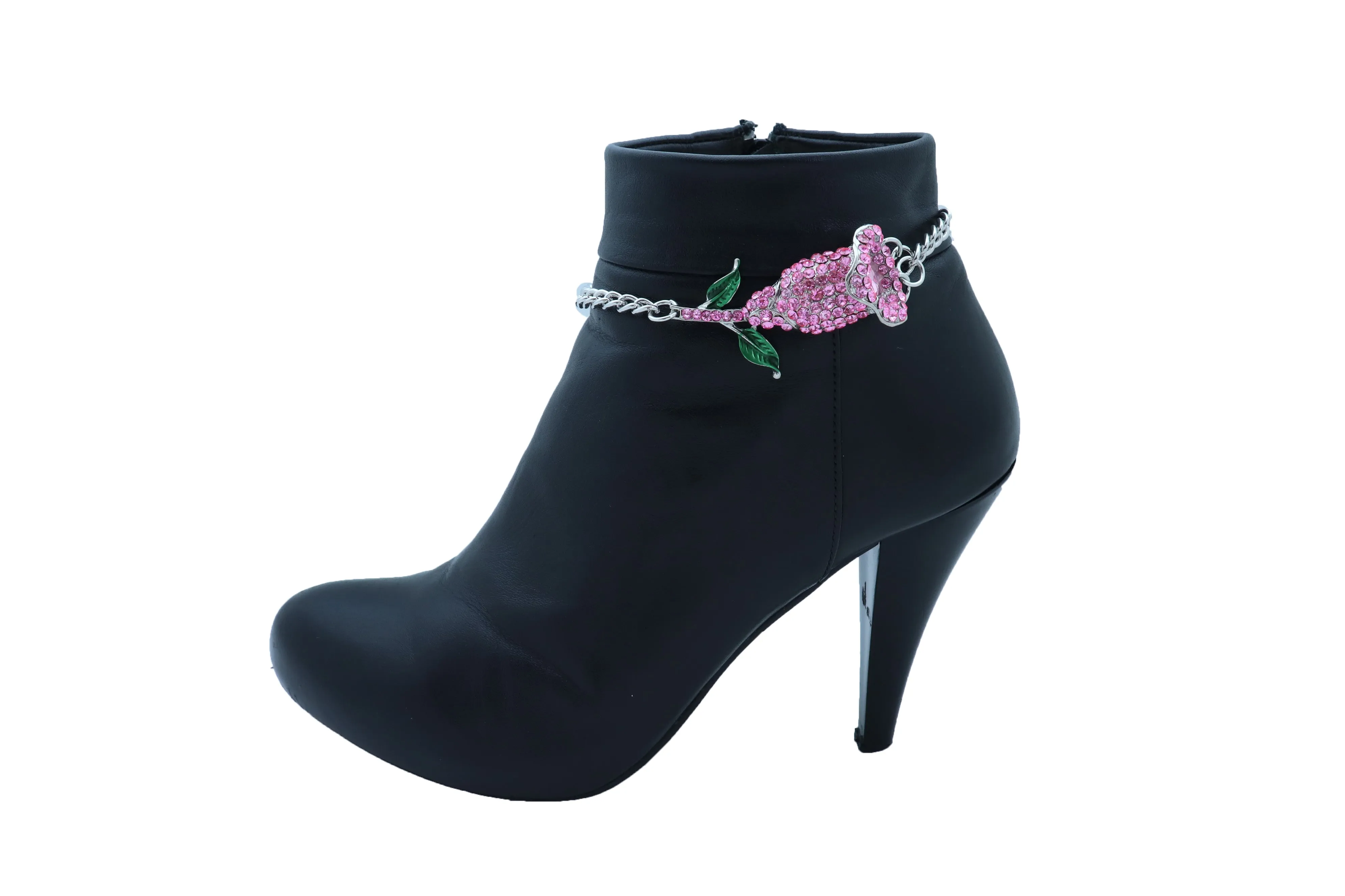 Pink Rhinestone Flower Silver Metal Boot Chain