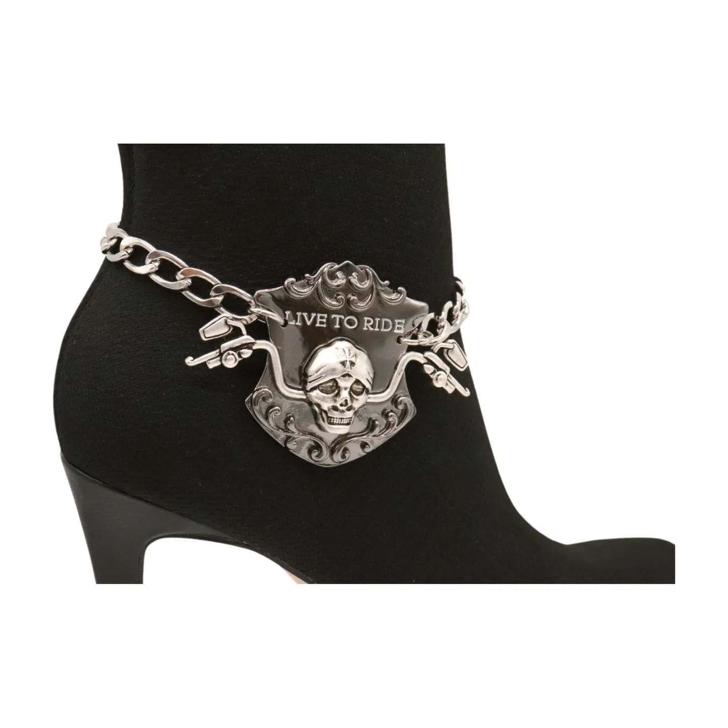Women Silver Metal Chain Links Boot Bracelet Shoe LIVE TO RIDE Charm